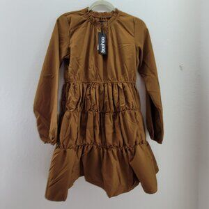 Boo Hoo Dress Womens 8 Chocolate Brown Extreme Gathered Smock Long Sleeve Tier